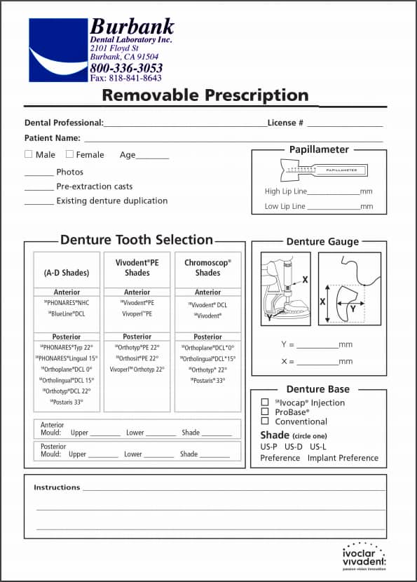 Burbank Dental Lab premium prescription form