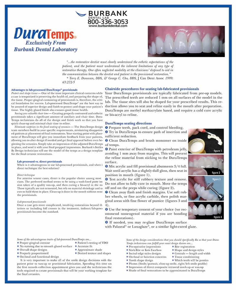 DuraTemps provisions instruction guide from Burbank Dental Lab