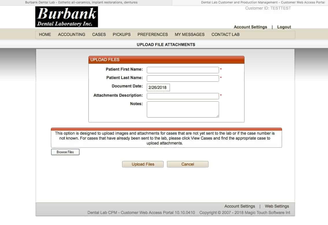 Burbank Dental Lab Portal - Portal Upload Window